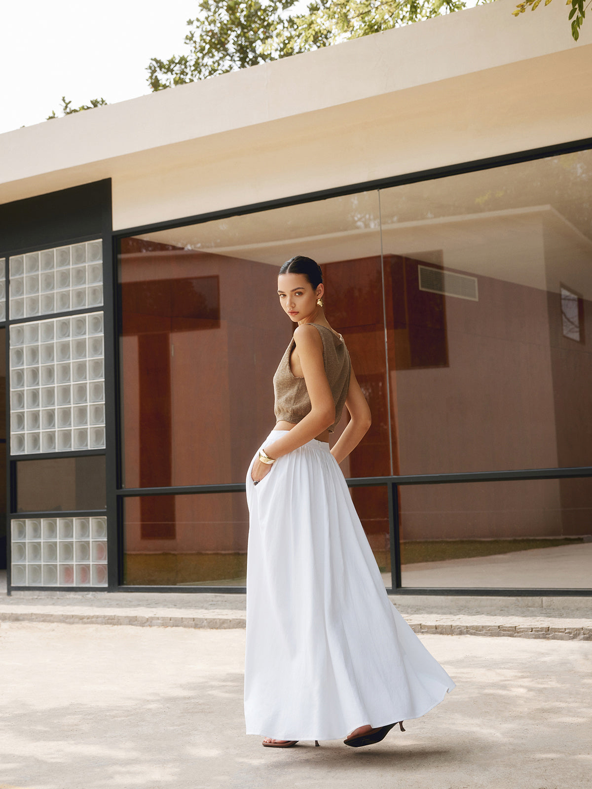 MARISTE Linen Pleated Maxi Skirt