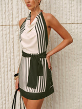 AMARA Striped Halter Cowl Neck Mini Dress