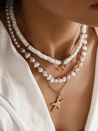 NECKLACE Pearl & Shell Layered Necklace With Starfish Pendant