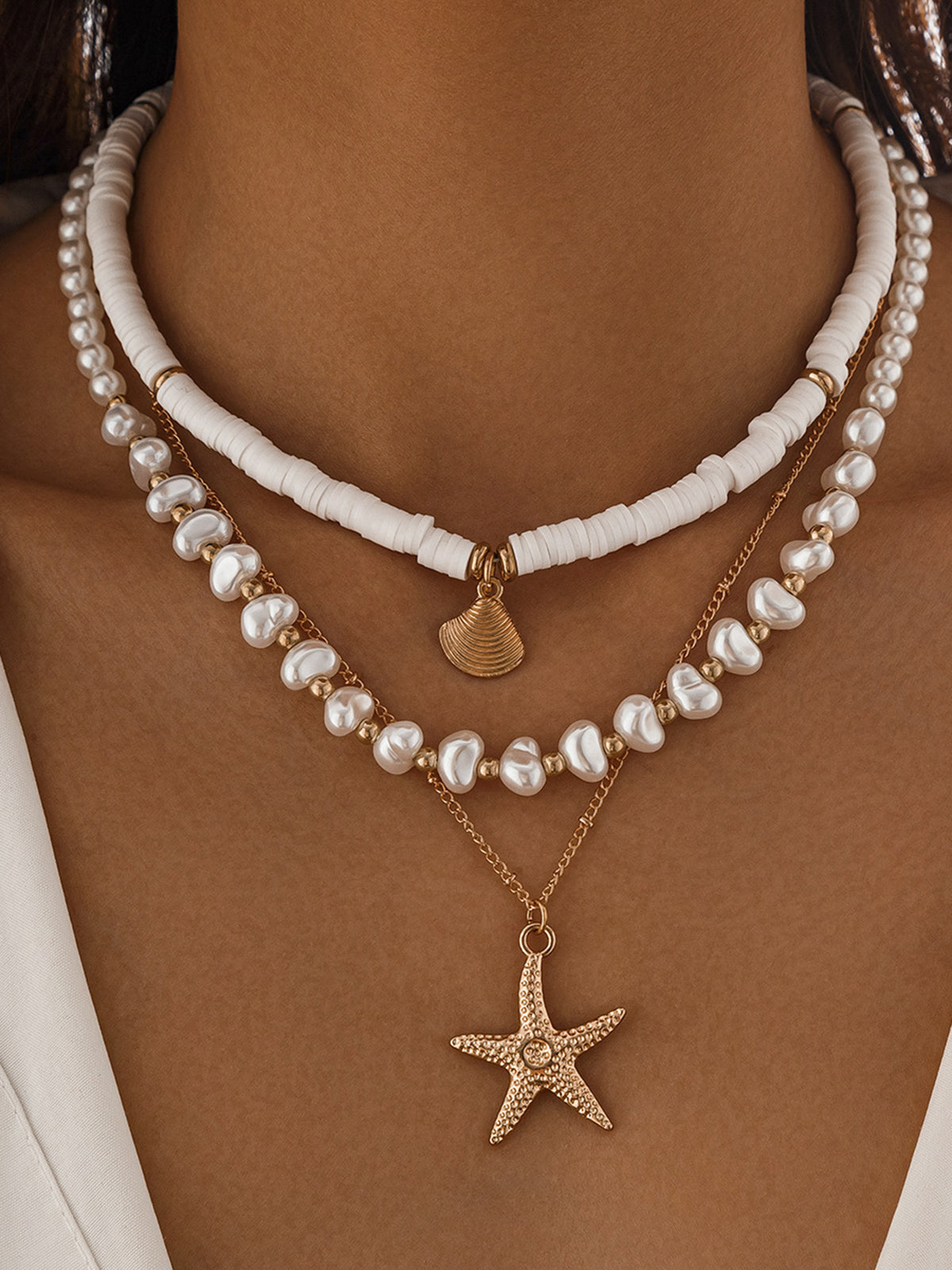 NECKLACE Pearl & Shell Layered Necklace With Starfish Pendant