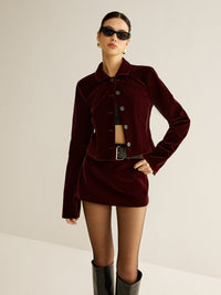 Velvet Collared Jacket & Mini Skirt Set