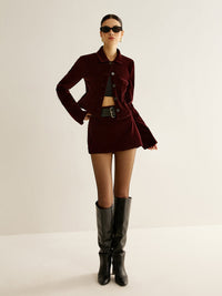 Velvet Collared Jacket & Mini Skirt Set