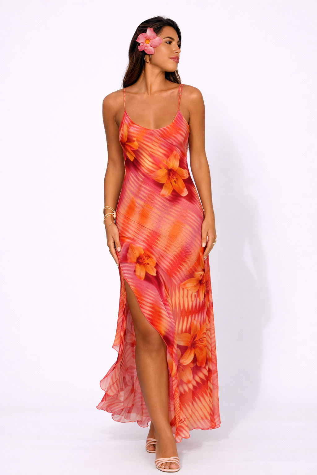 ISLA Irregular Floral Backless Maxi Dress