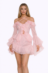 PETAL Ruffle Off Shoulder Mini Dress With Flared Sleeves
