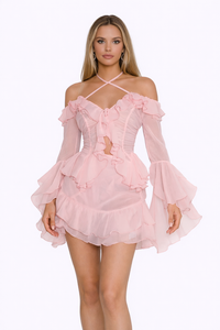PETAL Ruffle Off Shoulder Mini Dress With Flared Sleeves