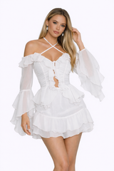 PETAL Ruffle Off Shoulder Mini Dress With Flared Sleeves