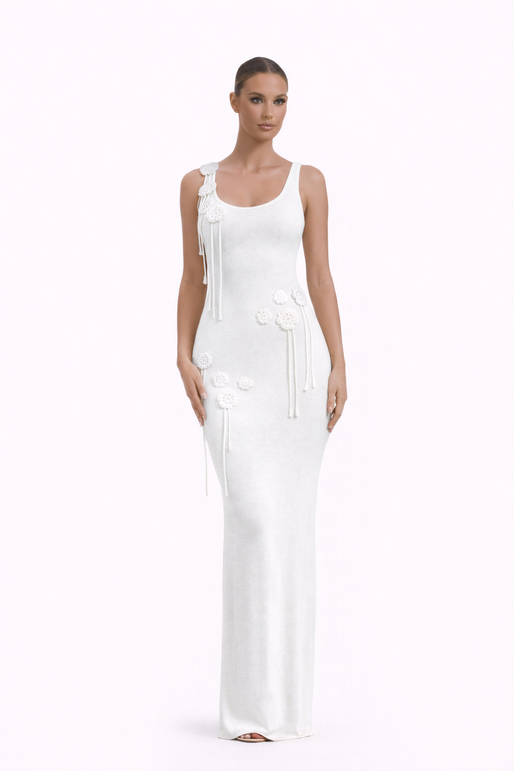 BLOSSOM Floral Appliqué Knit Maxi Dress