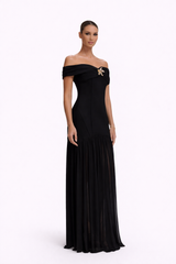 ROSETTE Off Shoulder Draped Maxi Dress With Brooch Detail