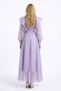 WISTERIA Ruffled Button Front Maxi Dress With Waist Tie