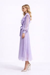 WISTERIA Ruffled Button Front Maxi Dress With Waist Tie