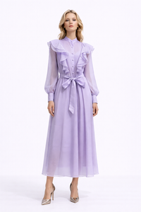 WISTERIA Ruffled Button Front Maxi Dress With Waist Tie