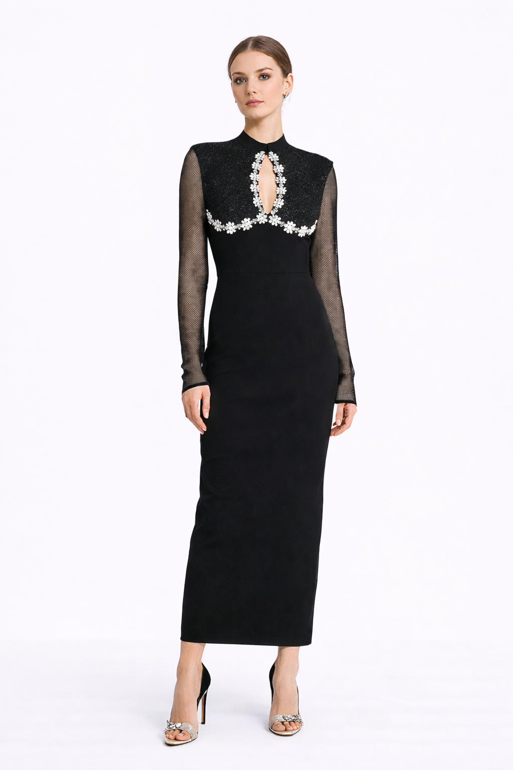 VELORA Embellished High Neck Maxi Dress With Sheer Sleeves