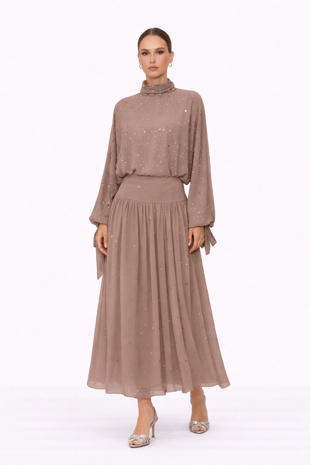 STARDUST High Neck Embellished Maxi Dress With Sheer Skirt