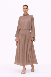 STARDUST High Neck Embellished Maxi Dress With Sheer Skirt