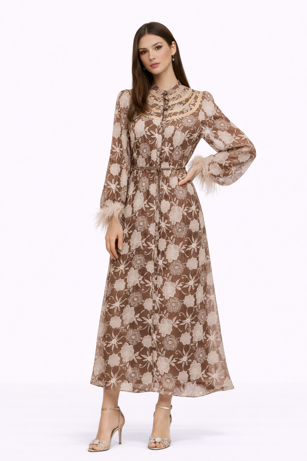 HEIRLOOM Embroidered Button Front Maxi Dress With Feather Cuffs