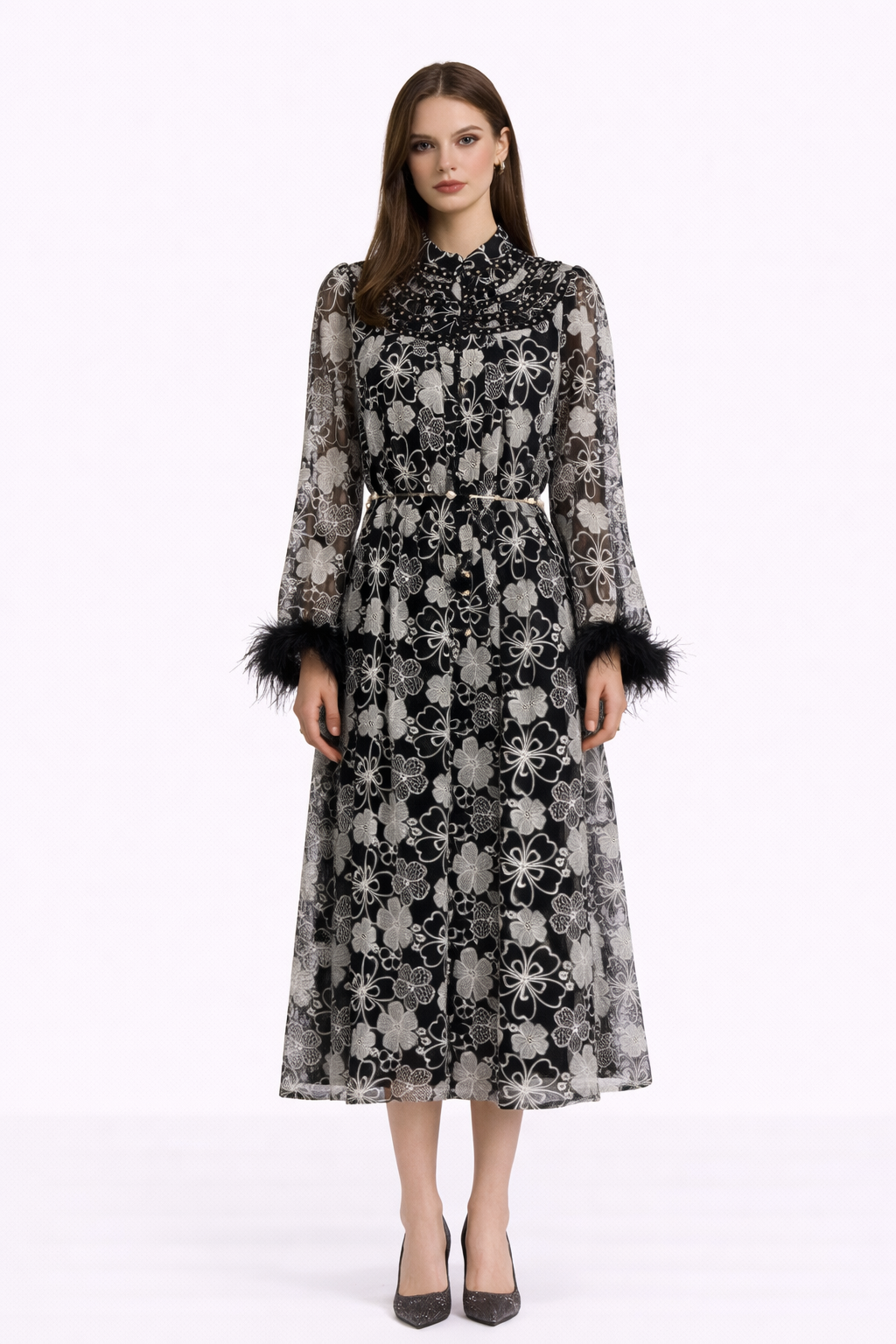 HEIRLOOM Embroidered Button Front Maxi Dress With Feather Cuffs