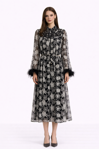 HEIRLOOM Embroidered Button Front Maxi Dress With Feather Cuffs