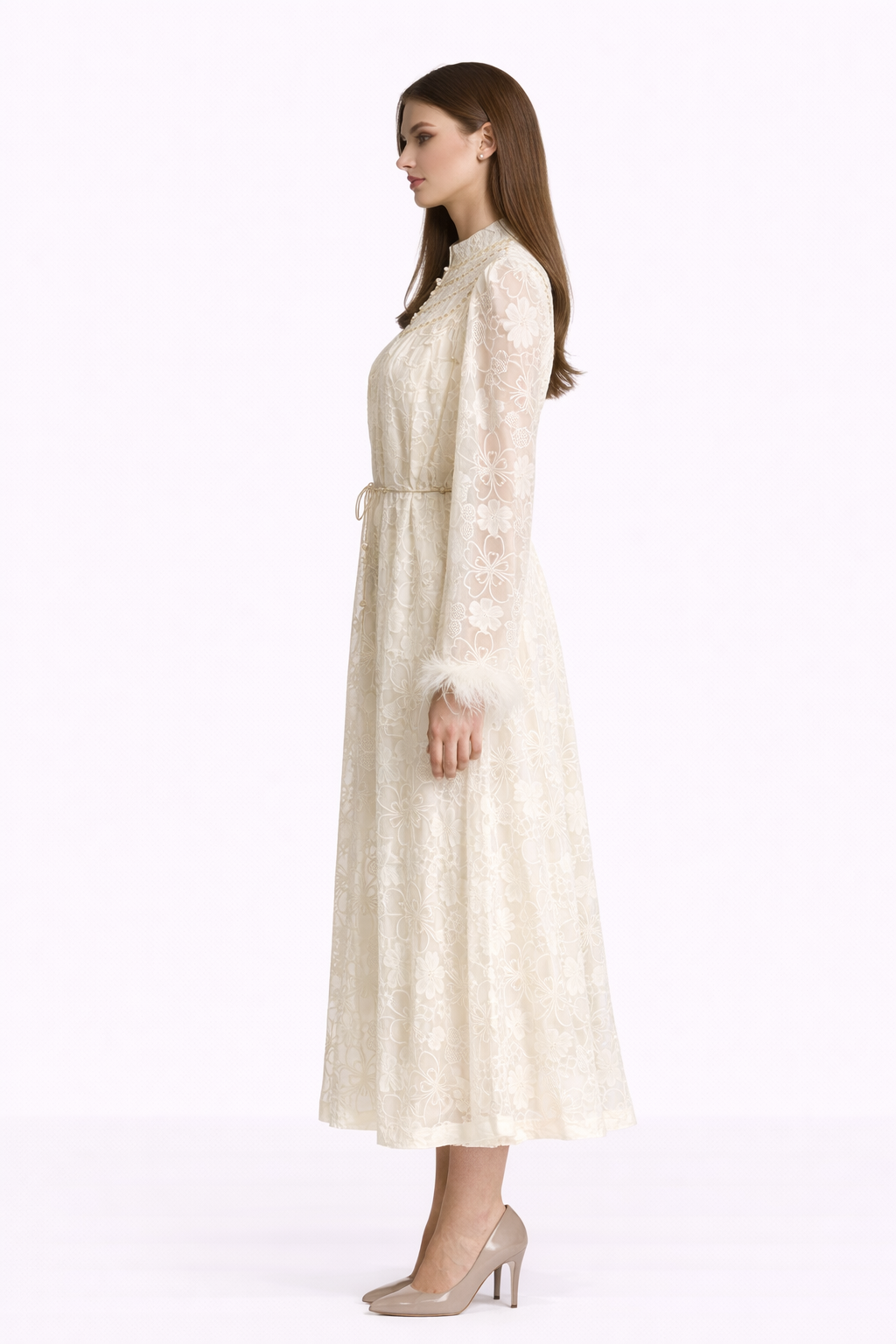 HEIRLOOM Embroidered Button Front Maxi Dress With Feather Cuffs