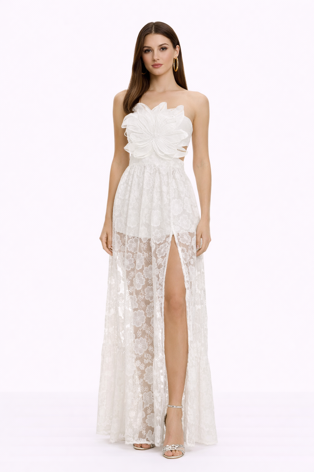 FLEUR Strapless Floral Lace Maxi Dress With High Slit