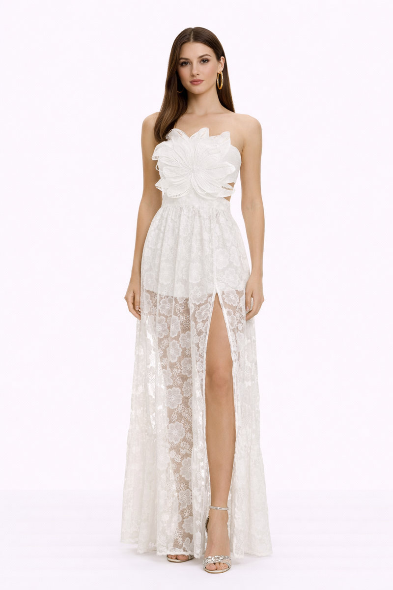 FLEUR Strapless Floral Lace Maxi Dress With High Slit