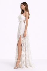 FLEUR Strapless Floral Lace Maxi Dress With High Slit