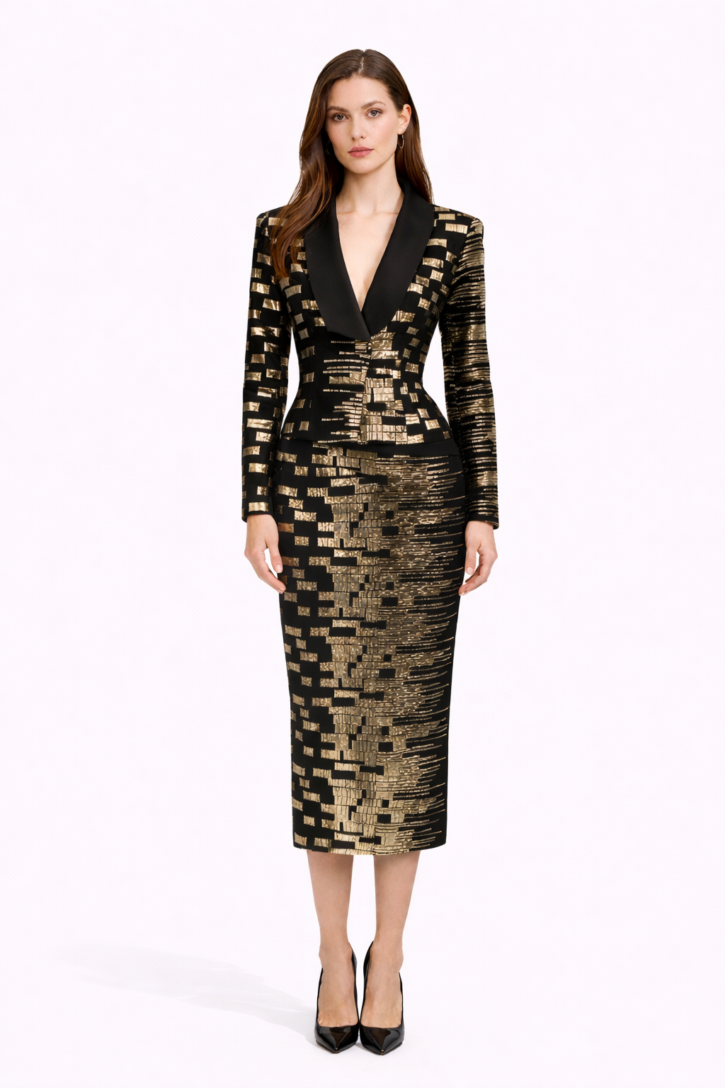 NOIRÉ Structured Blazer And Midi Skirt Set With Metallic Pattern