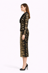 NOIRÉ Structured Blazer And Midi Skirt Set With Metallic Pattern