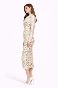 NOIRÉ Structured Blazer And Midi Skirt Set With Metallic Pattern