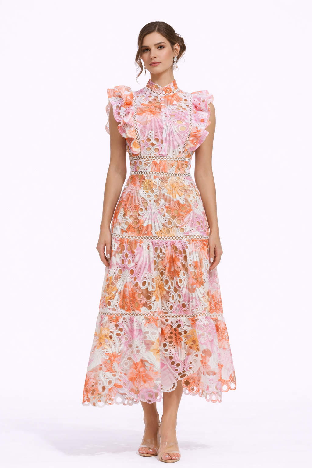 SUNRISE Printed Lace Embroidered Maxi Dress With Ruffle Sleeves