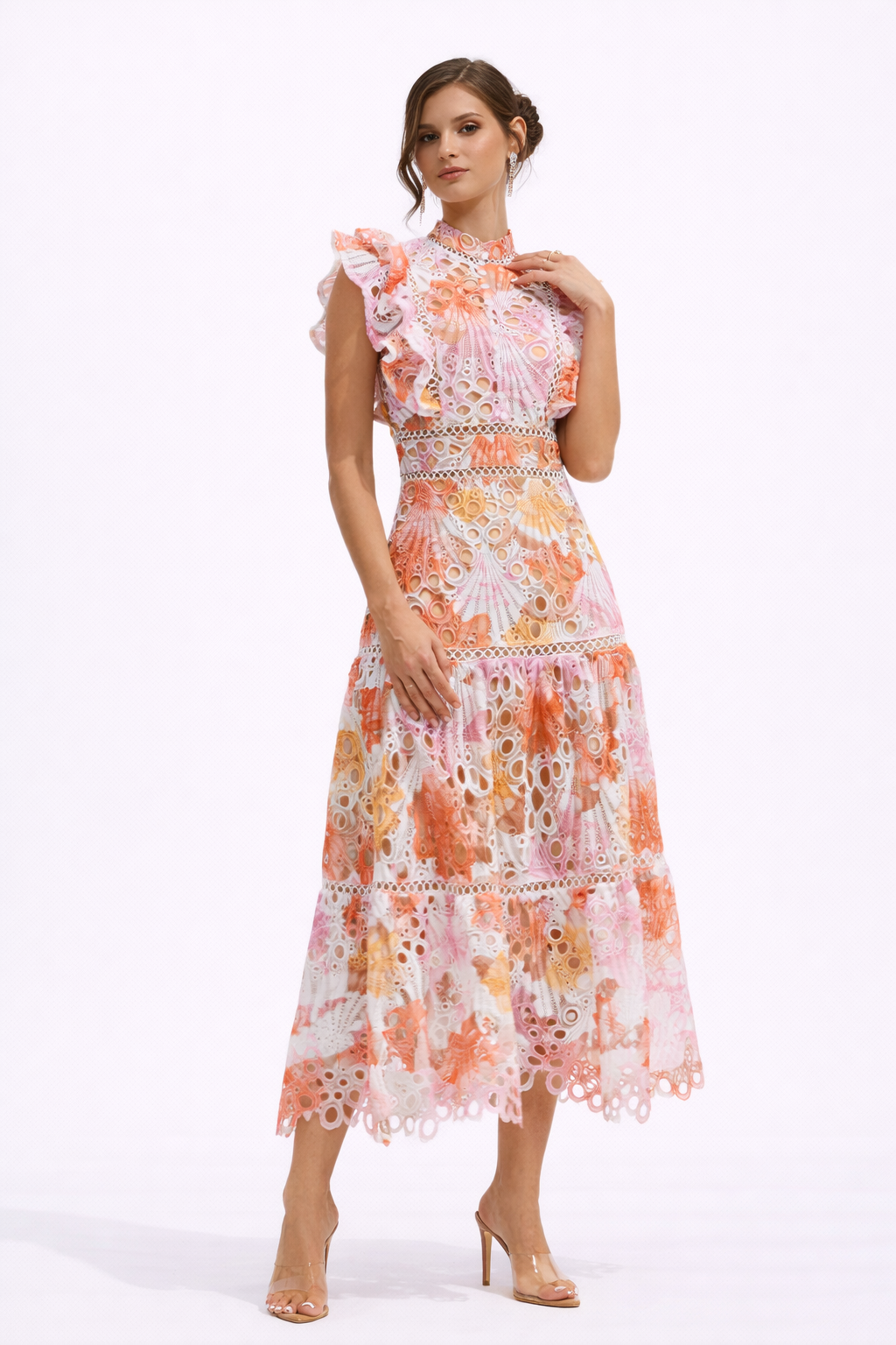 SUNRISE Printed Lace Embroidered Maxi Dress With Ruffle Sleeves