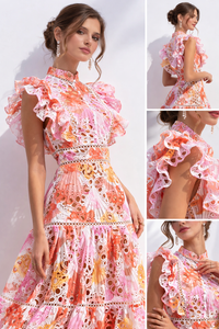 SUNRISE Printed Lace Embroidered Maxi Dress With Ruffle Sleeves