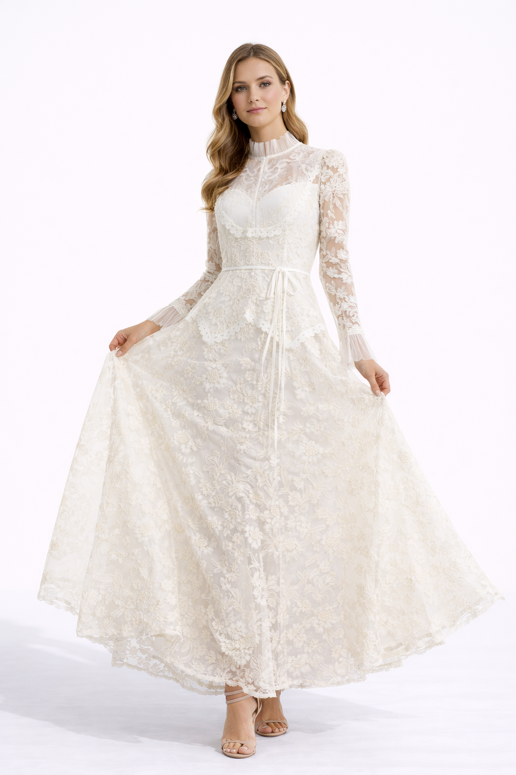 ELARA Floral Lace Mock Neck Maxi Dress