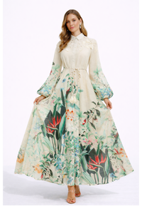 MIRELLE Botanical Print Maxi Dress with Puff Sleeves