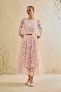 Chic Pink Lace Bell Sleeve Top & Midi Skirt Set