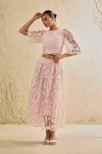 Chic Pink Lace Bell Sleeve Top & Midi Skirt Set