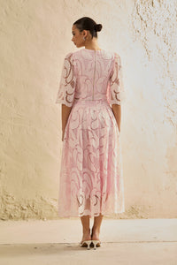 Chic Pink Lace Bell Sleeve Top & Midi Skirt Set