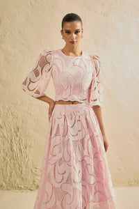Chic Pink Lace Bell Sleeve Top & Midi Skirt Set