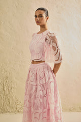 Chic Pink Lace Bell Sleeve Top & Midi Skirt Set