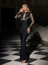 VELORA Embellished High Neck Maxi Dress With Sheer Sleeves