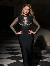 VELORA Embellished High Neck Maxi Dress With Sheer Sleeves