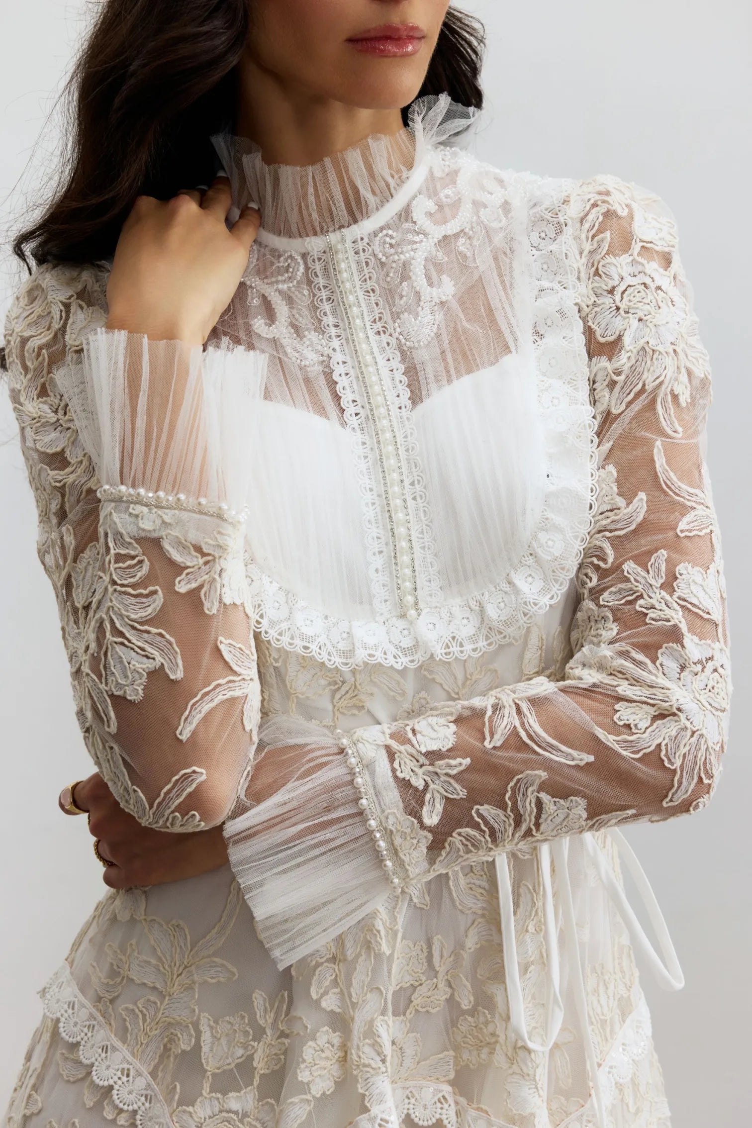 ELARA Floral Lace Mock Neck Maxi Dress