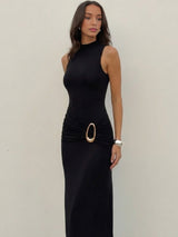 HALO High Neck Ruched Maxi Dress With Gold Detail