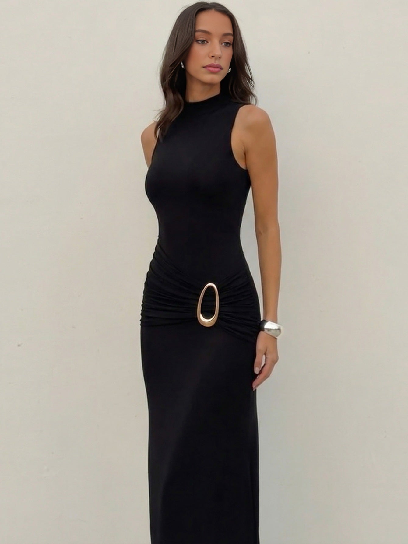 HALO High Neck Ruched Maxi Dress With Gold Detail