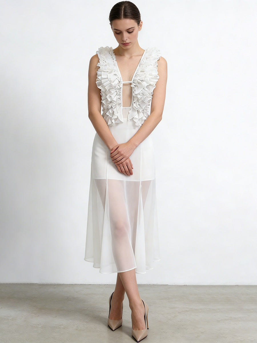 ANGELIQUE Ruffled Plunge Maxi Dress With Sheer Skirt