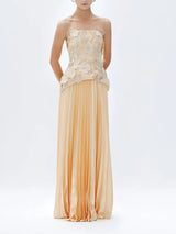 GARDENIA Strapless Floral Appliqué Maxi Dress With Pleated Skirt