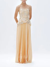 GARDENIA Strapless Floral Appliqué Maxi Dress With Pleated Skirt
