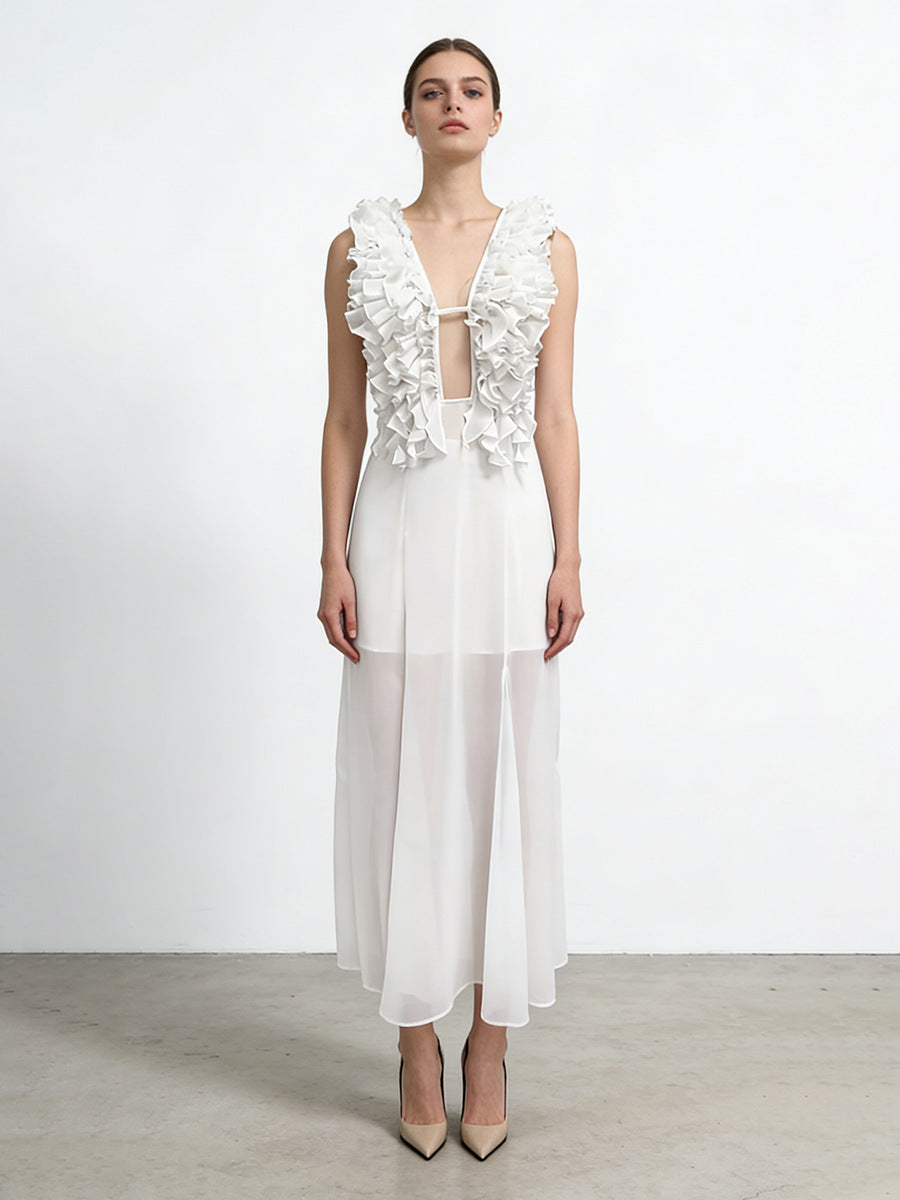 ANGELIQUE Ruffled Plunge Maxi Dress With Sheer Skirt