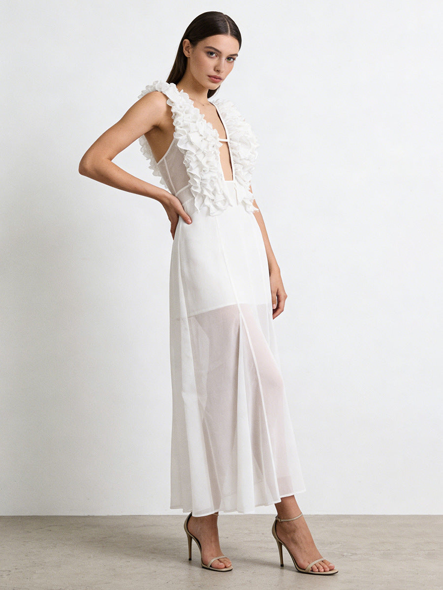 ANGELIQUE Ruffled Plunge Maxi Dress With Sheer Skirt