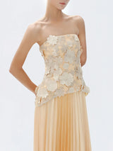 GARDENIA Strapless Floral Appliqué Maxi Dress With Pleated Skirt
