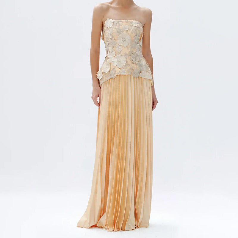 GARDENIA Strapless Floral Appliqué Maxi Dress With Pleated Skirt